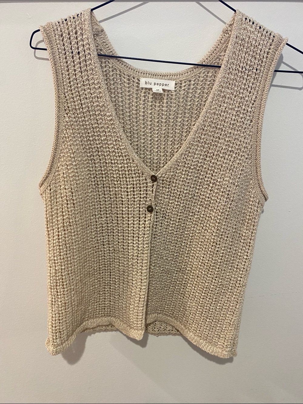 Blu Pepper Beige Crochet Knit Button-Front Tank
